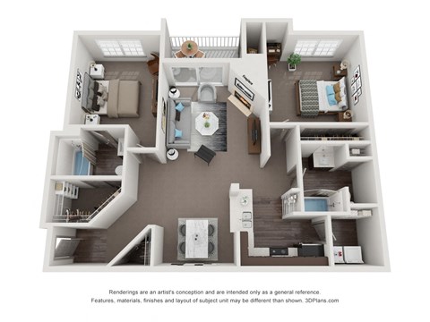 A 3D floor plan of a house with a kitchen, living room, and bathrooms at Canyon Ridge, Austin